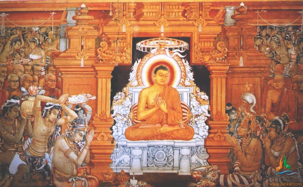 Medieval temple paintings and colorful murals showing Buddhist art and ancient stories